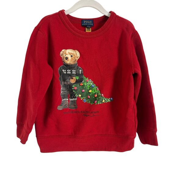 Polo Ralph Lauren Boys Holiday Bear Fleece Sweatshirt Size 5 Red Crewneck - Picture 1 of 6